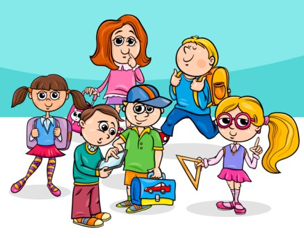 cartoon elementary school children group